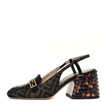 Fendi Jacquard Calfskin FF Tortoise Promenade Slingback Loafer Pumps 39.5 Tobacco 2 of 12