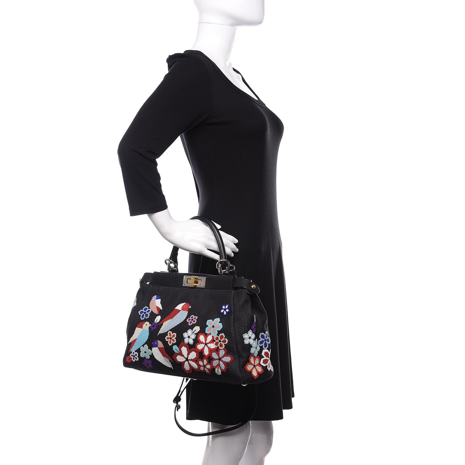 Fendi Denim Vitello Dolce QuTweet Beaded Medium Peekaboo Iconic Satchel Dark Blue Multicolor Black 3 of 14