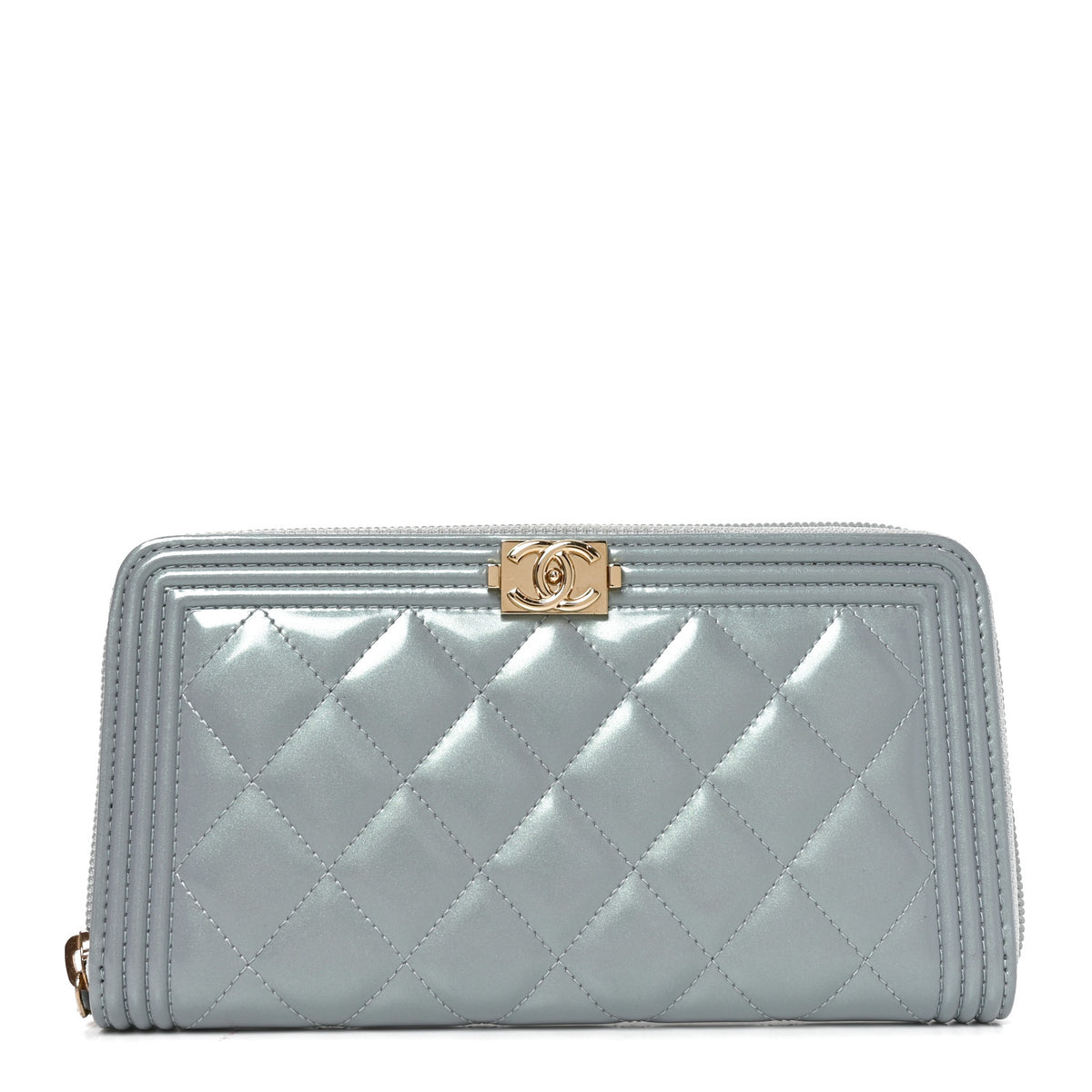Chanel Metallic Patent Quilted Boy Zip Around Wallet Light Blue 1 of 9