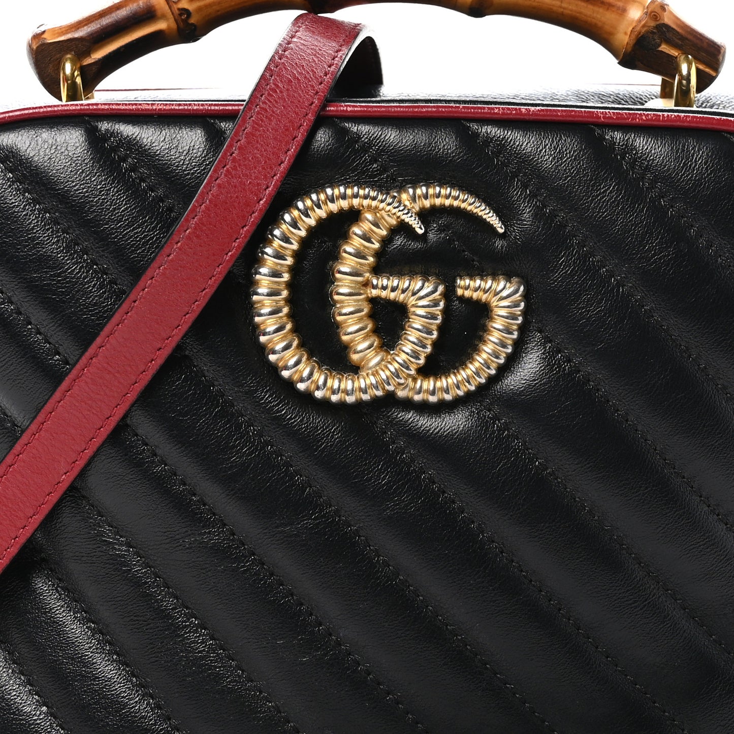 Vintage Effect Calfskin Matelasse Diagonal Small Torchon GG Marmont Bamboo Top Handle Shoulder Bag Black Romantic Cherry