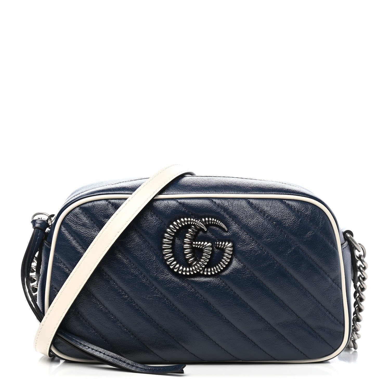 Gucci Vintage Effect Calfskin Matelasse Diagonal Small Torchon GG Marmont Chain Shoulder Bag Blue Agata Mystic White 1 of 9