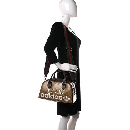 Gucci X ADIDAS Crystal Vintage Monogram Textured Dollar Calfskin Web Trefoil Logo Mini Bowling Bag Mid Natural Nut Off White New Acero 3 of 11