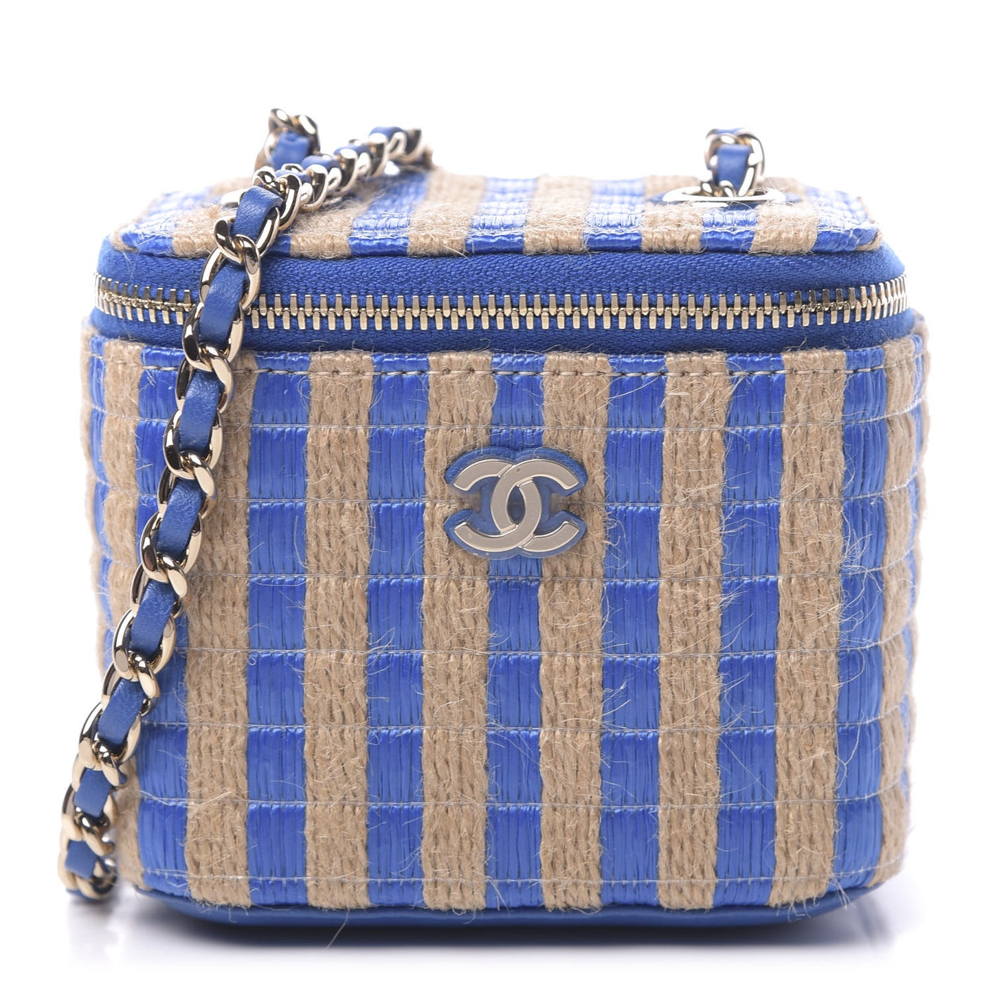 Raffia Jute Striped Mini Vanity Case With Chain Blue Beige