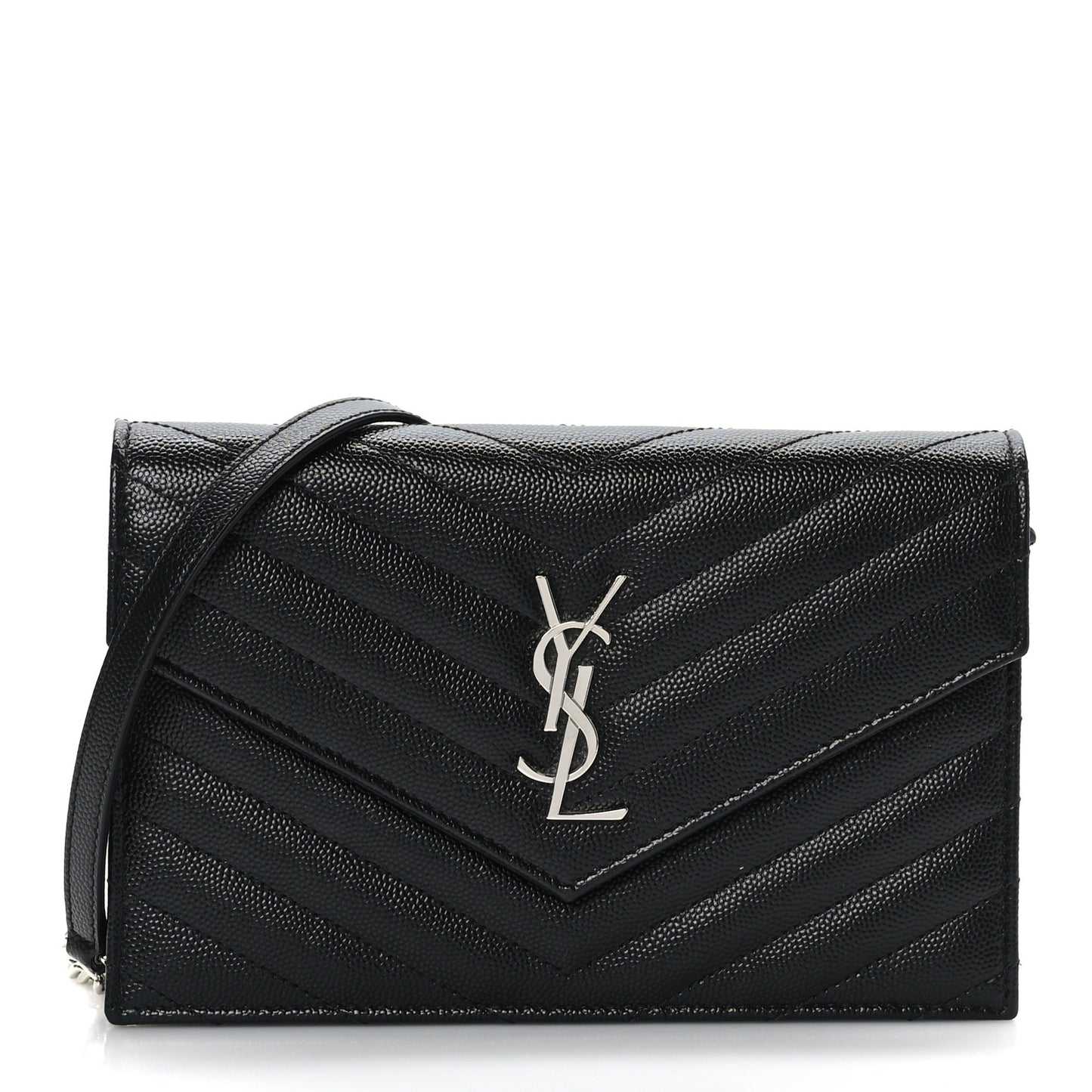 Grain De Poudre Matelasse Chevron Monogram Envelope Chain Wallet Black