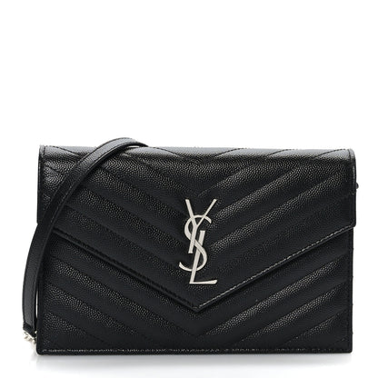 Saint Laurent Grain De Poudre Matelasse Chevron Monogram Envelope Chain Wallet Black 1 of 8