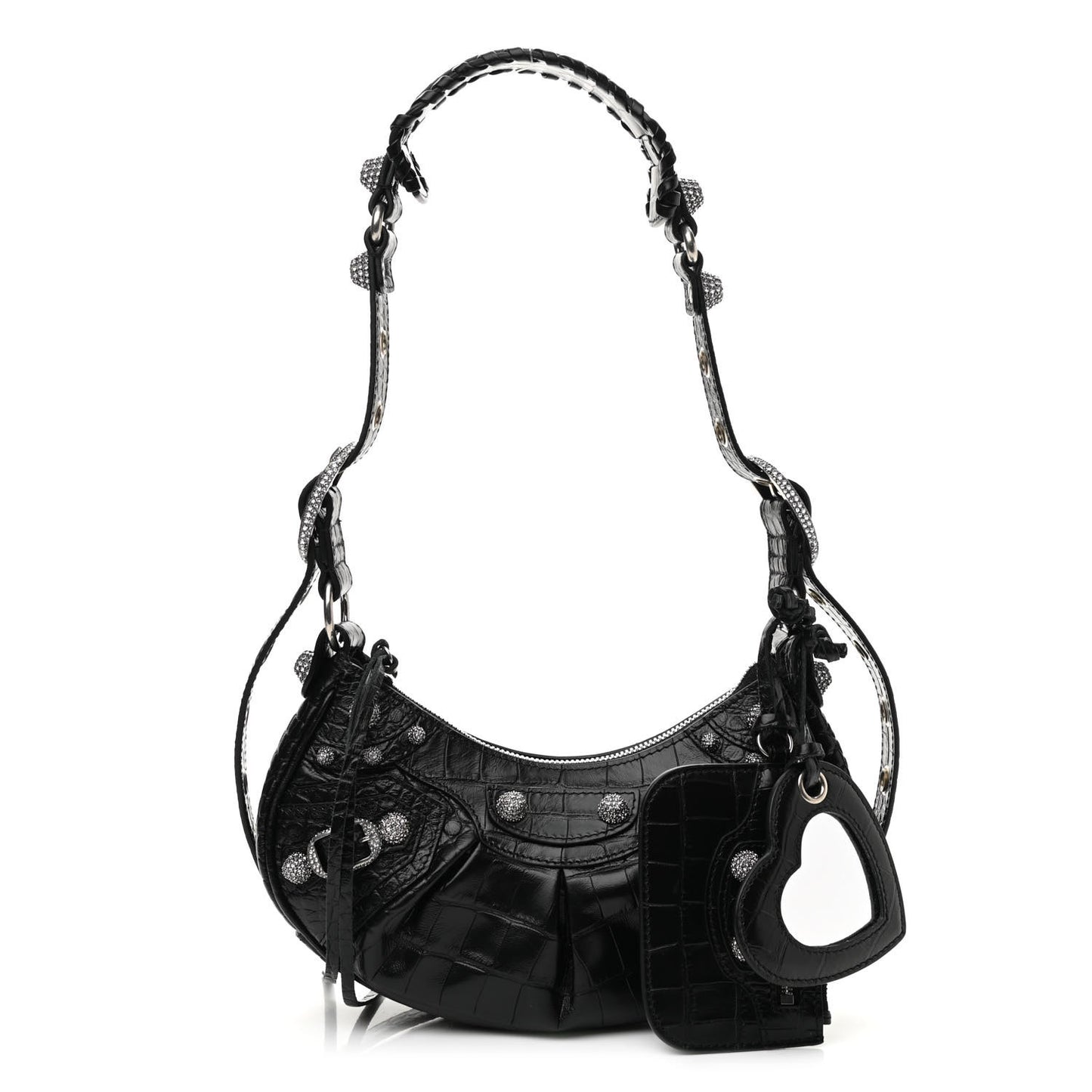 Extra Supple Calfskin Crystal Crocodile Embossed Le Cagole Shoulder Bag XS Black