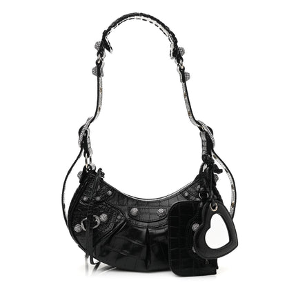 Balenciaga Extra Supple Calfskin Crystal Crocodile Embossed Le Cagole Shoulder Bag XS Black 1 of 10