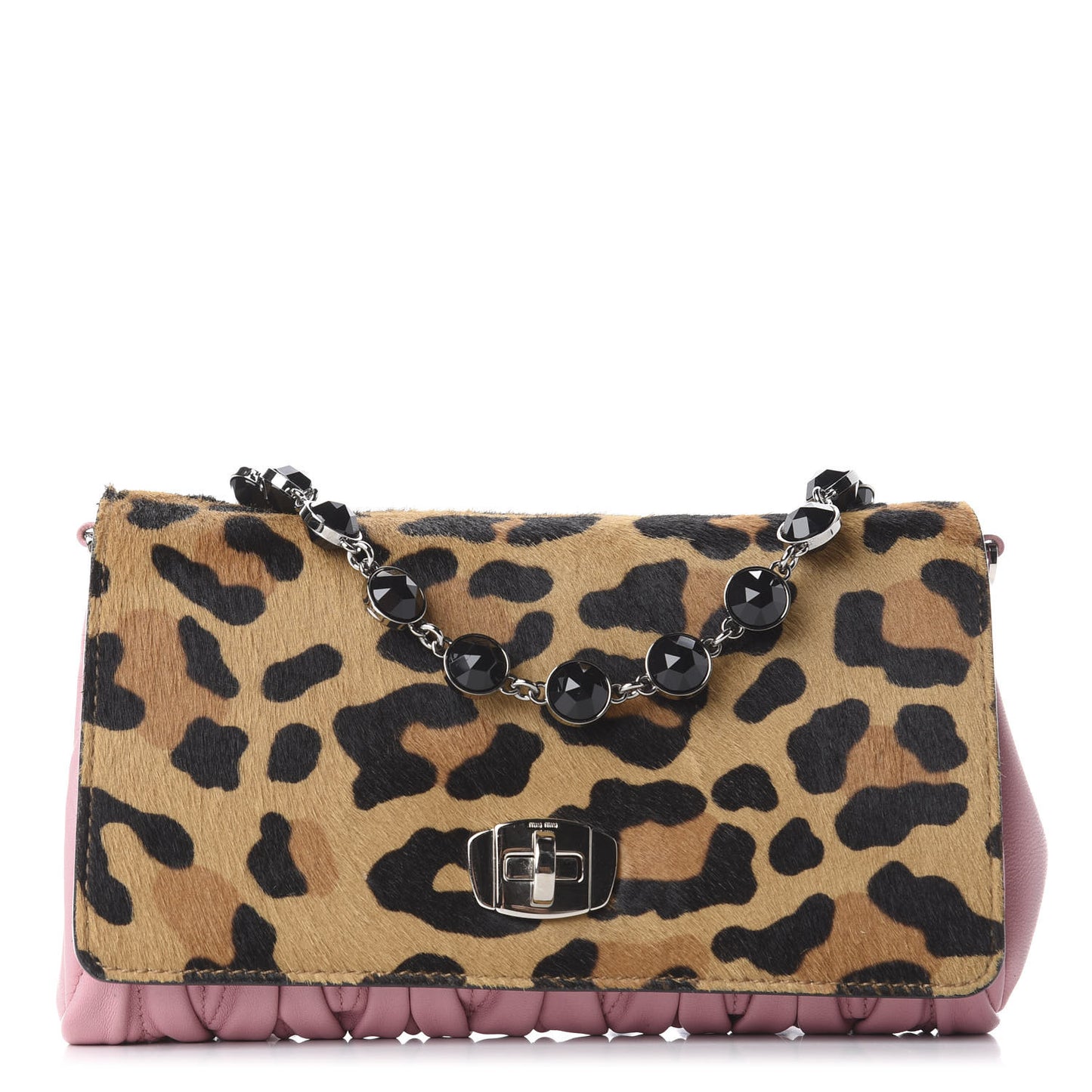 Cavallino Calf Hair Leopard Print Nappa Matelasse Crystal Chain Shoulder Bag Rosa Miele