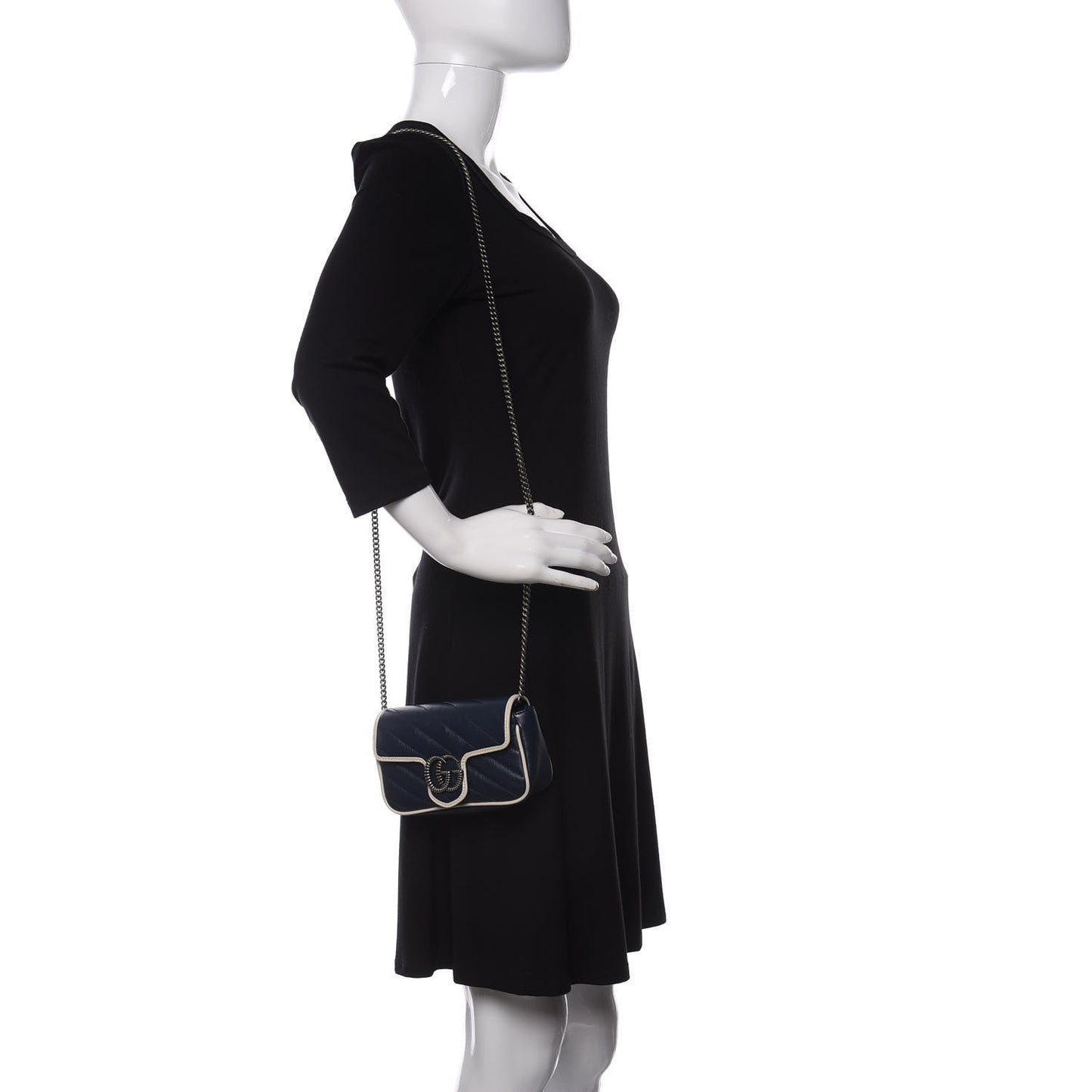 Vintage Effect Calfskin Matelasse Diagonal Super Mini Torchon GG Marmont Shoulder Bag Blue Agata Mystic White