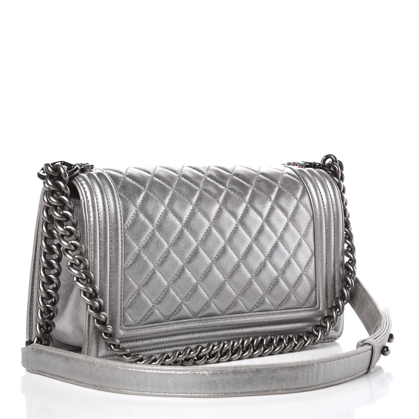 Metallic Lambskin Embellished Medium Boy Flap Silver