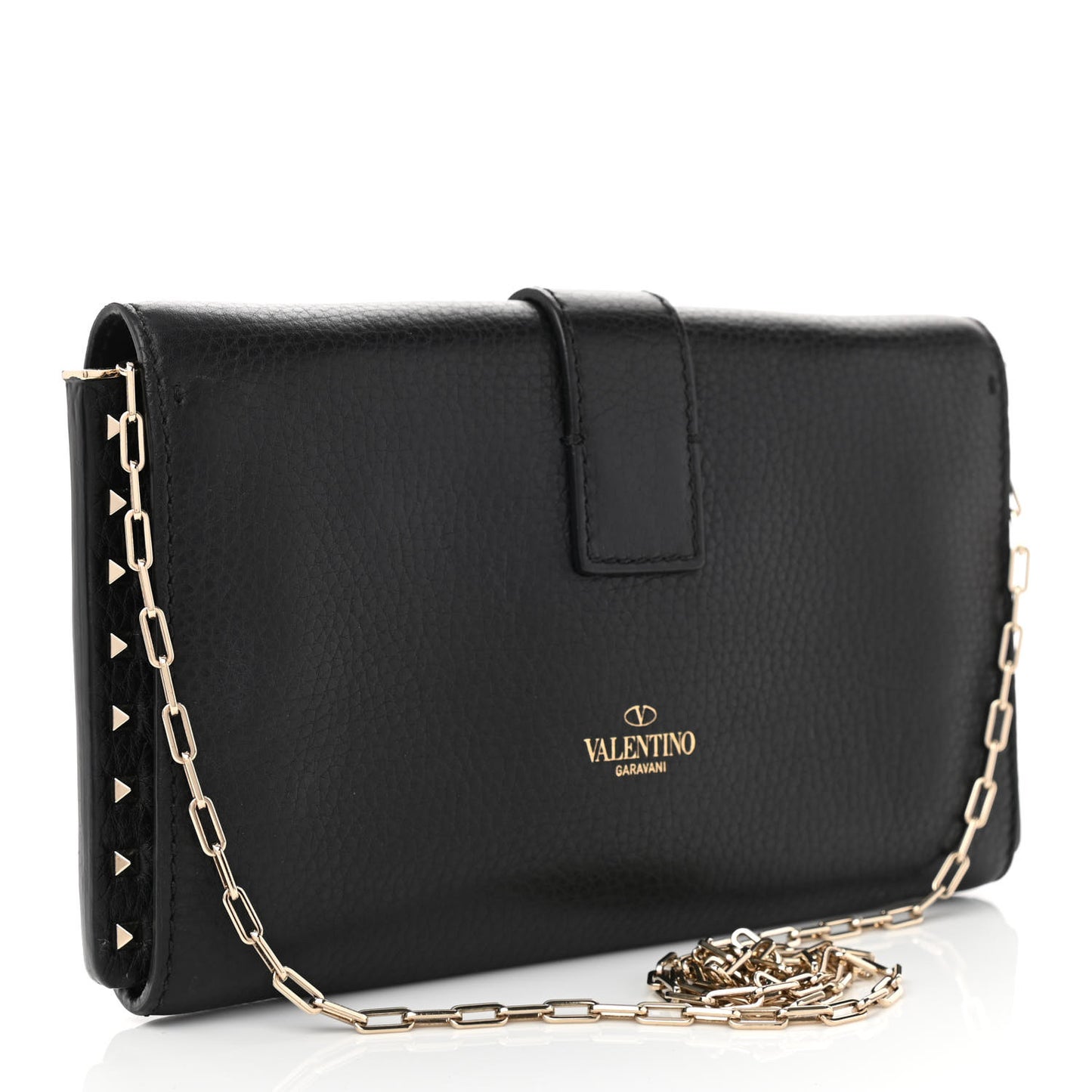 Pebbled Calfskin Rockstud Flap Chain Bag Black