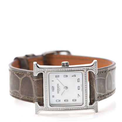 Hermes Stainless Steel Alligator Diamond Bezel Mother of Pearl 21mm Heure H Hour Quartz Watch Gris Elephant 2 of 5