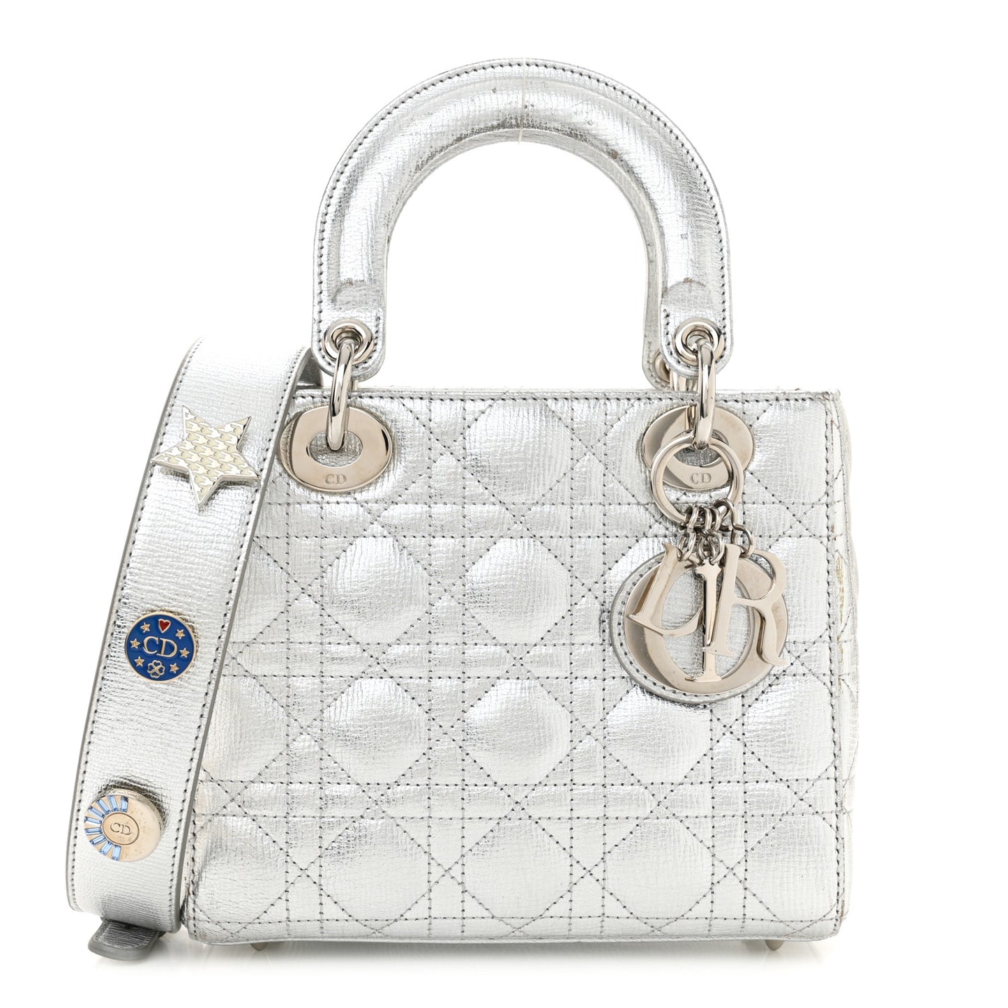 Metallic Grained Calfskin Cannage Small Lucky Badges My Lady Dior Silver
