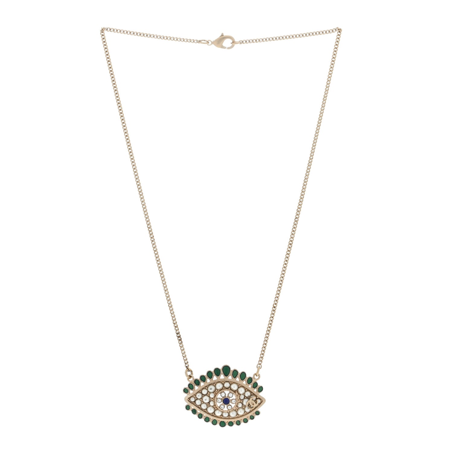 Chanel Resin Crystal Glass Pearl Eye Pendant Necklace Gold Multicolor 2 of 3