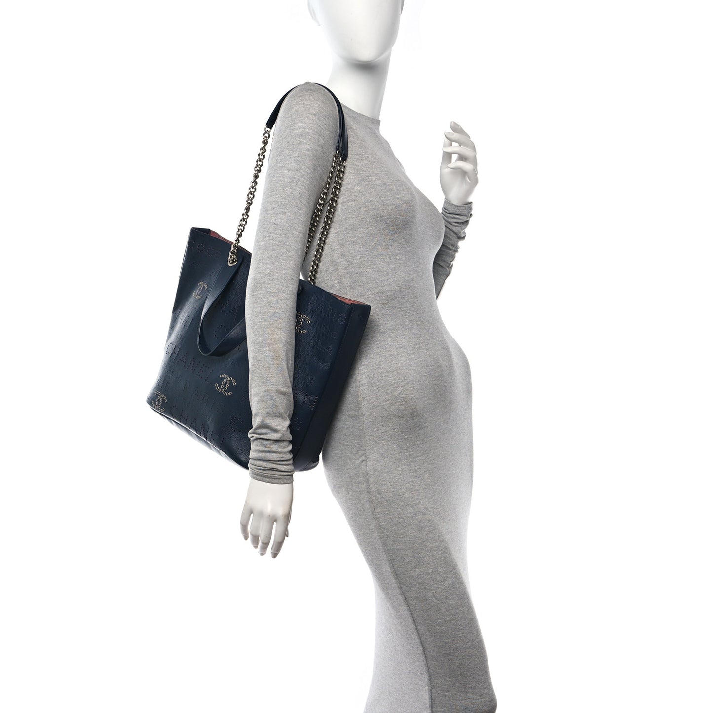 Calfskin Tweed Small Logo Eyelets Shopping Tote Navy Blue