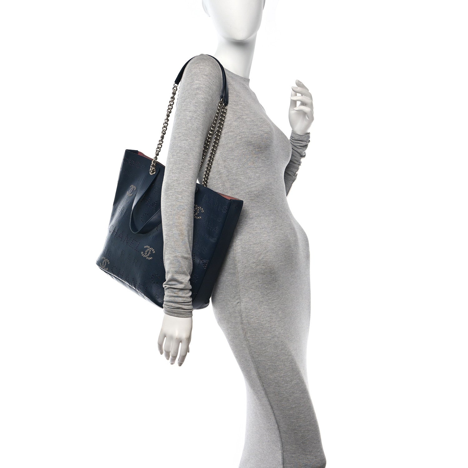 Chanel Calfskin Tweed Small Logo Eyelets Shopping Tote Navy Blue 2 of 12