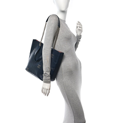 Chanel Calfskin Tweed Small Logo Eyelets Shopping Tote Navy Blue 2 of 12
