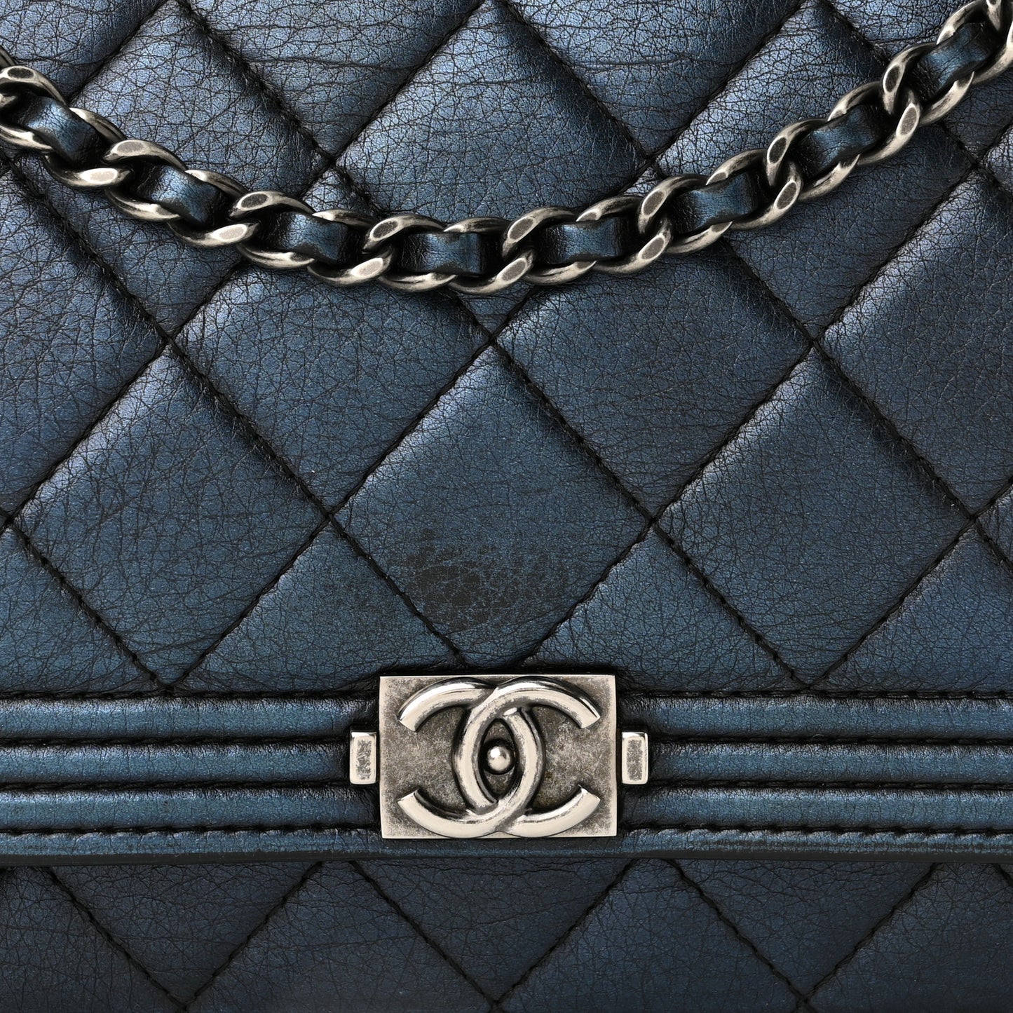 Metallic Calfskin Quilted Boy Wallet On Chain WOC Navy Blue