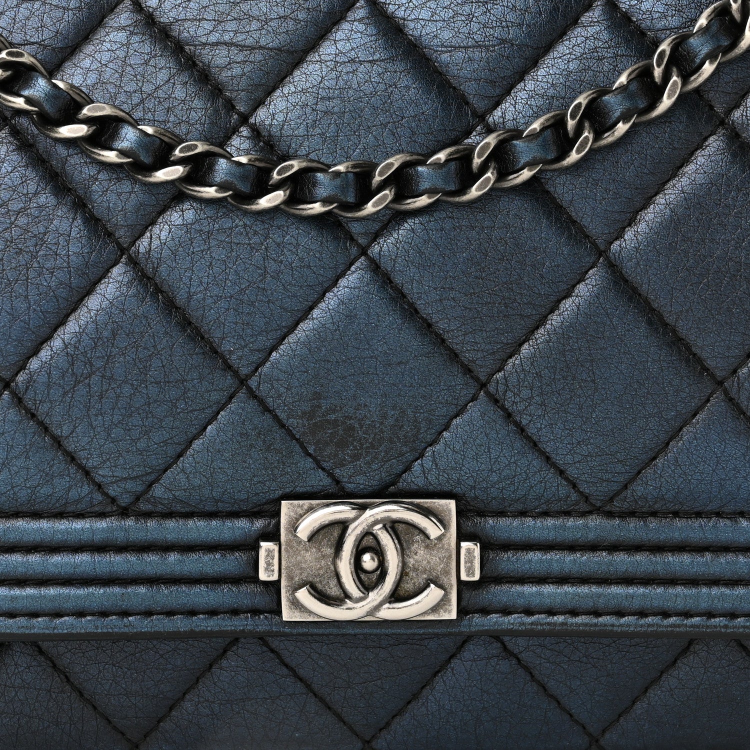 Chanel Metallic Calfskin Quilted Boy Wallet On Chain WOC Navy Blue 9 of 16