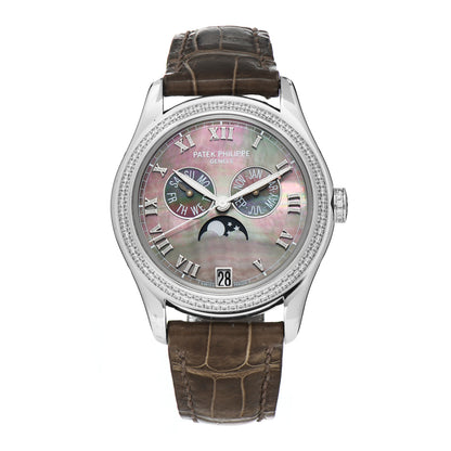 Patek Philippe 18K White Gold Alligator Diamond Black Mother of Pearl 37mm Annual Calendar Automatic Watch 4936-001 1 of 5