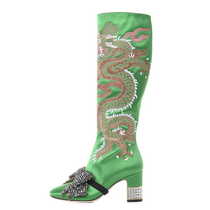 Gucci Silk Satin Malaga Kid Embroidered Candy Dragon Block-Heel Knee Boot 36 Green 1 of 20