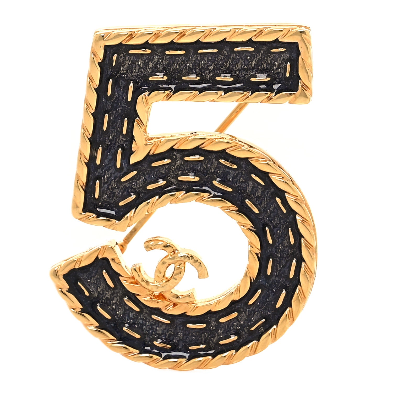 Chanel Metal Enamel CC No 5 Rope Brooch Gold Denim Blue 1 of 4