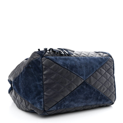 Chanel Goatskin Suede Calfskin Quilted Patchwork Drawstring Bag Blue 4 of 11