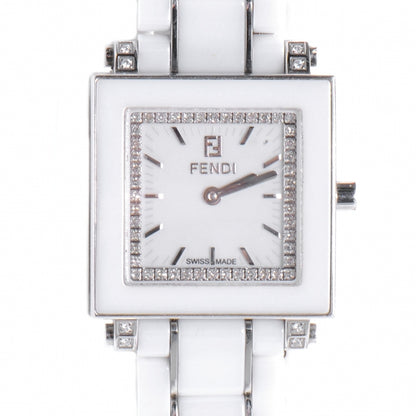 Fendi Stainless Steel Ceramic Diamond Bezel 25mm Quadro Quartz Watch White 1 of 5
