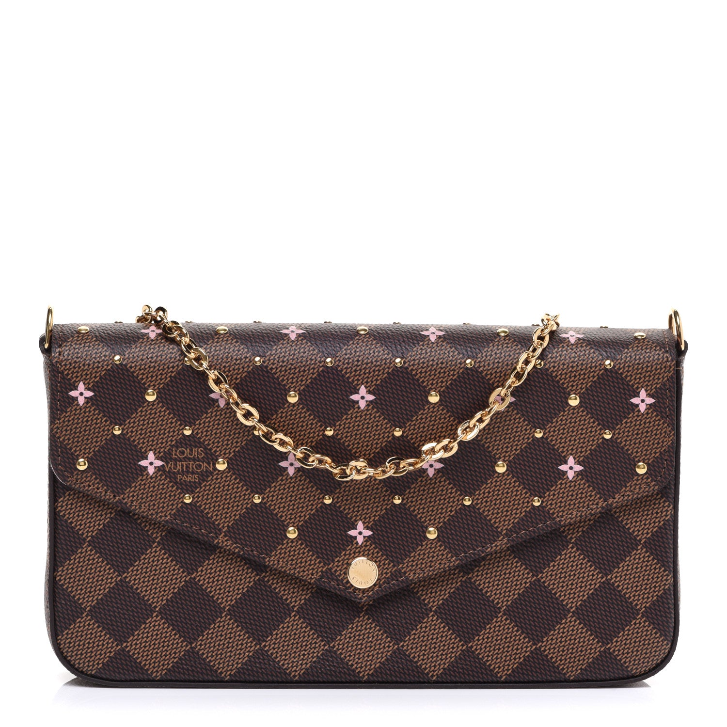 Louis Vuitton Damier Ebene Studded Pochette Felicie Chain Wallet 1 of 9