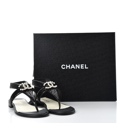 Chanel Lambskin Sequin Pearl CC Thong Sandals 38 Black 11 of 11