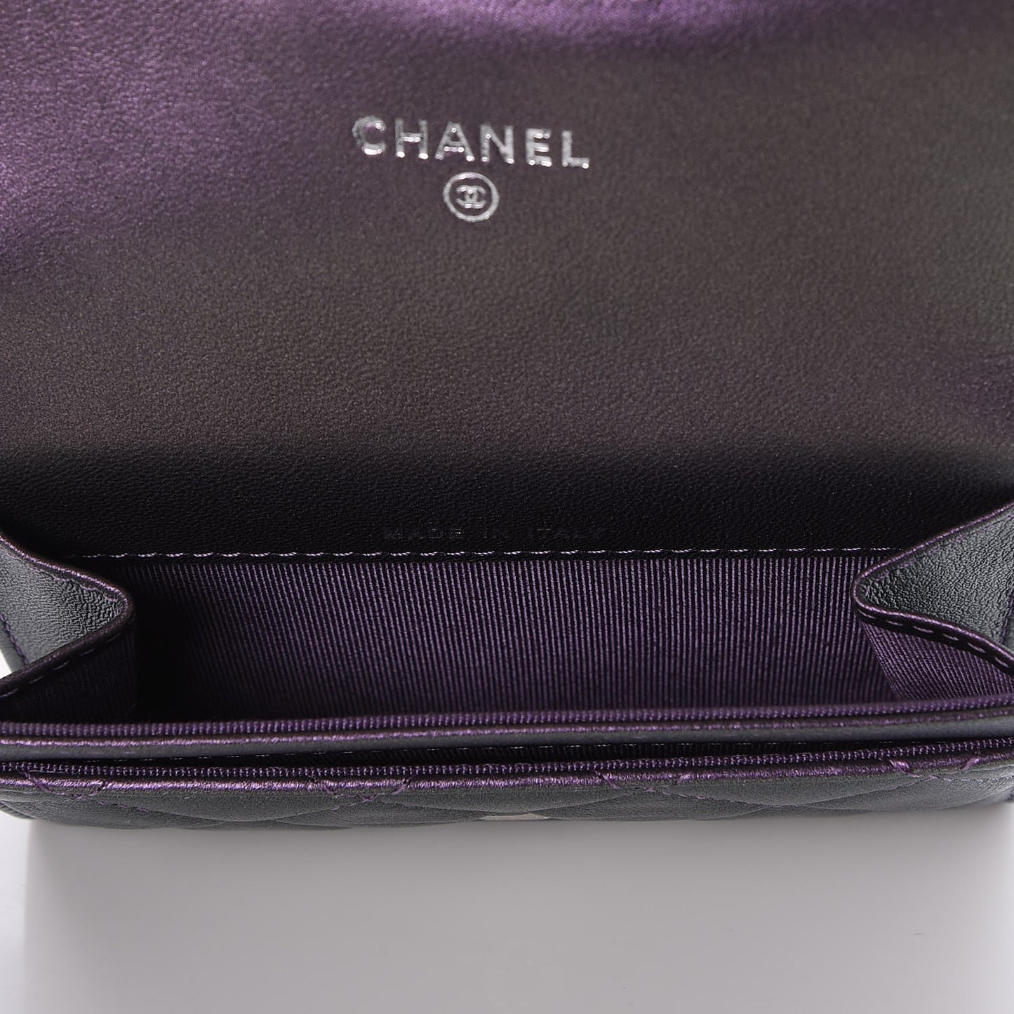 Metallic Lambskin Quilted Flap Card Holder Dark Purple