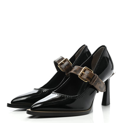 Fendi Glossy Neoprene Glazed Fabric FF FFrame Court Mary Jane Pumps 35 Black Tobacco Moro 3 of 7