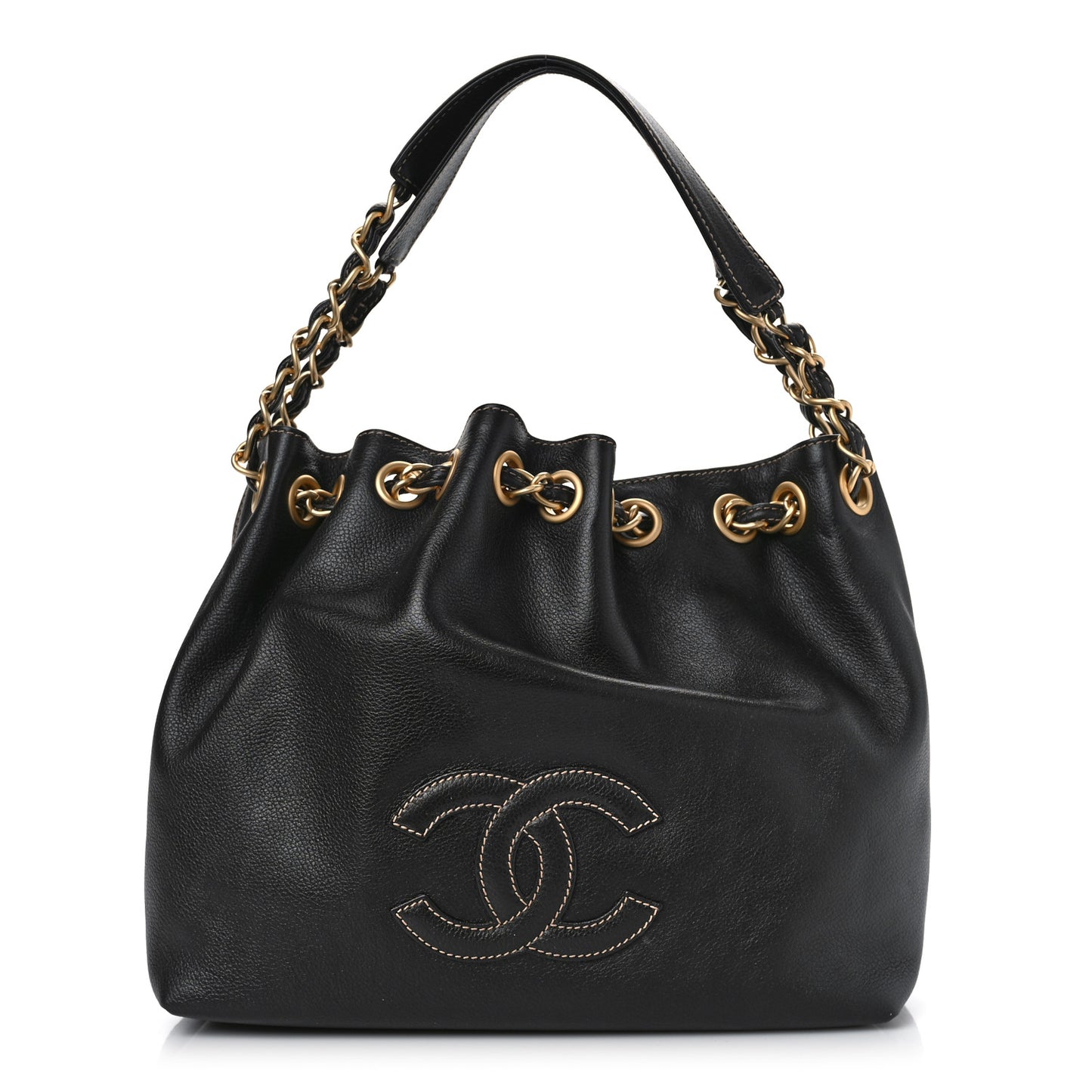 Grained Calfskin CC Drawstring Bucket Bag Black
