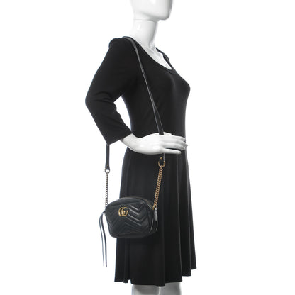 Gucci Calfskin Matelasse Mini GG Marmont Chain Shoulder Bag Black 2 of 12