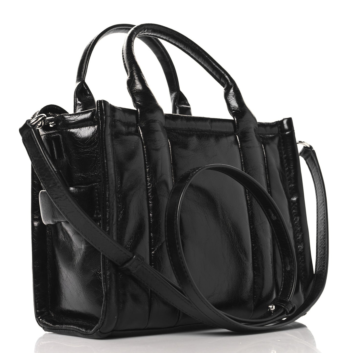 Shiny Crinkled Calfskin Small The Tote Bag Black
