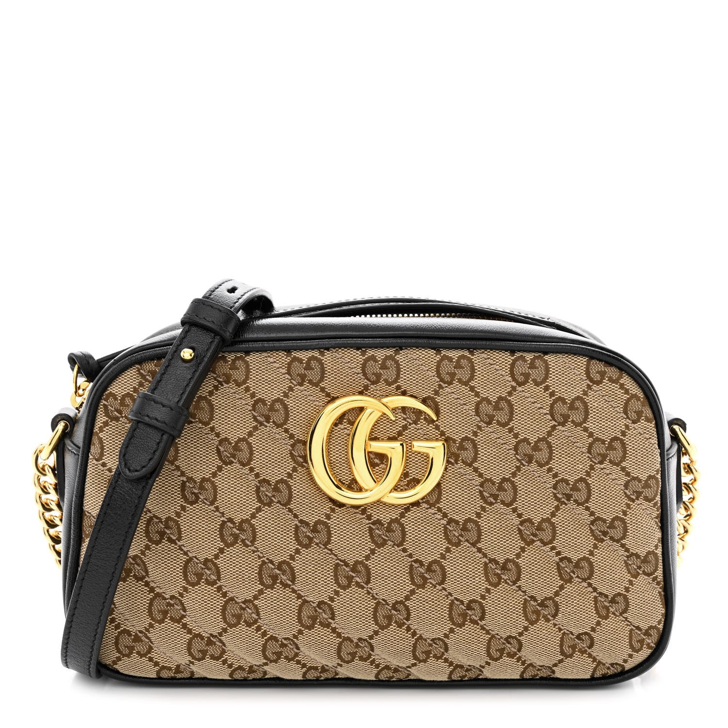 Gucci Monogram Matelasse Diagonal Small GG Marmont Chain Shoulder Bag Beige Black 1 of 10
