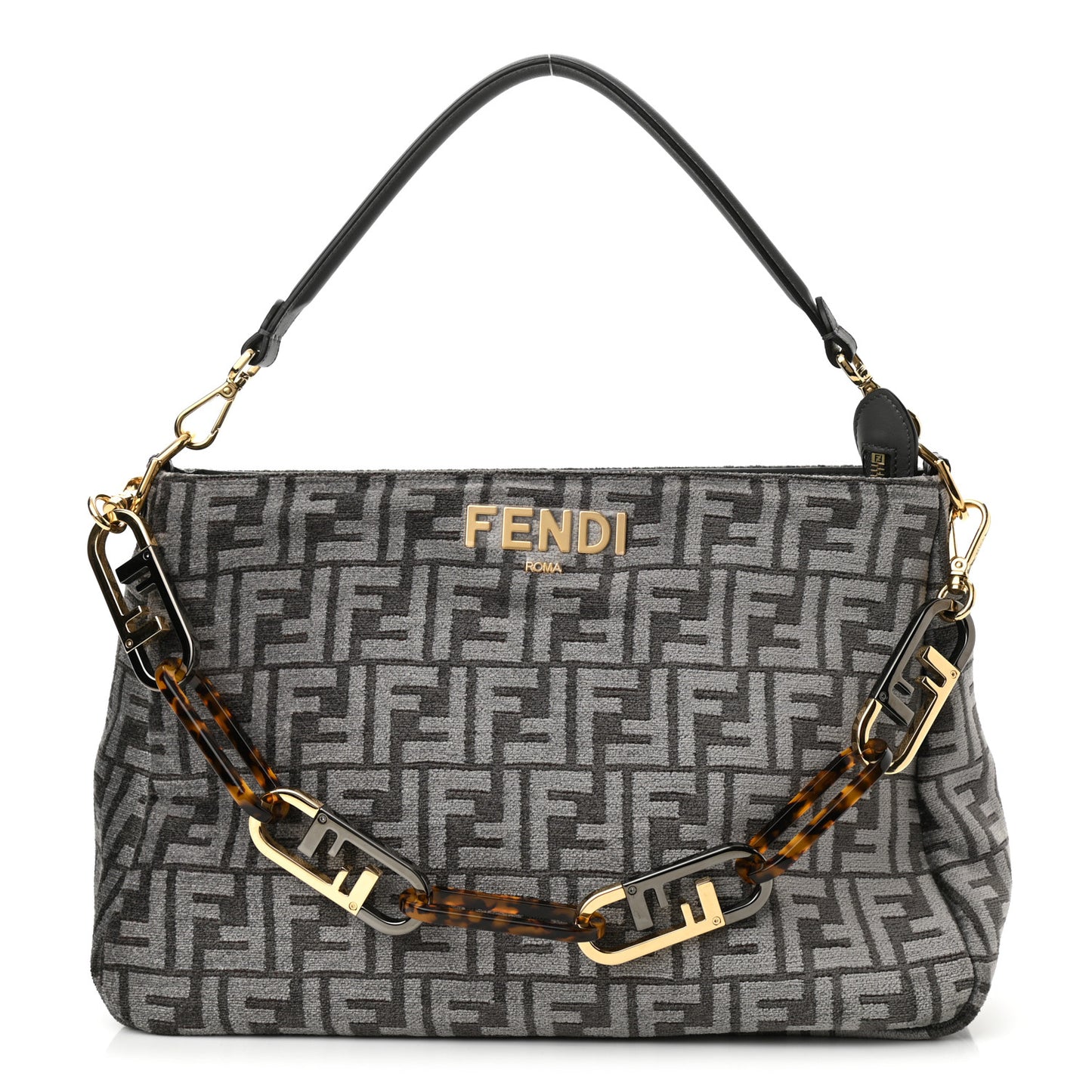 Chenille Vitello Seta Plexiglass FF Fendi O'Lock Zipper Anthracite Asfalto