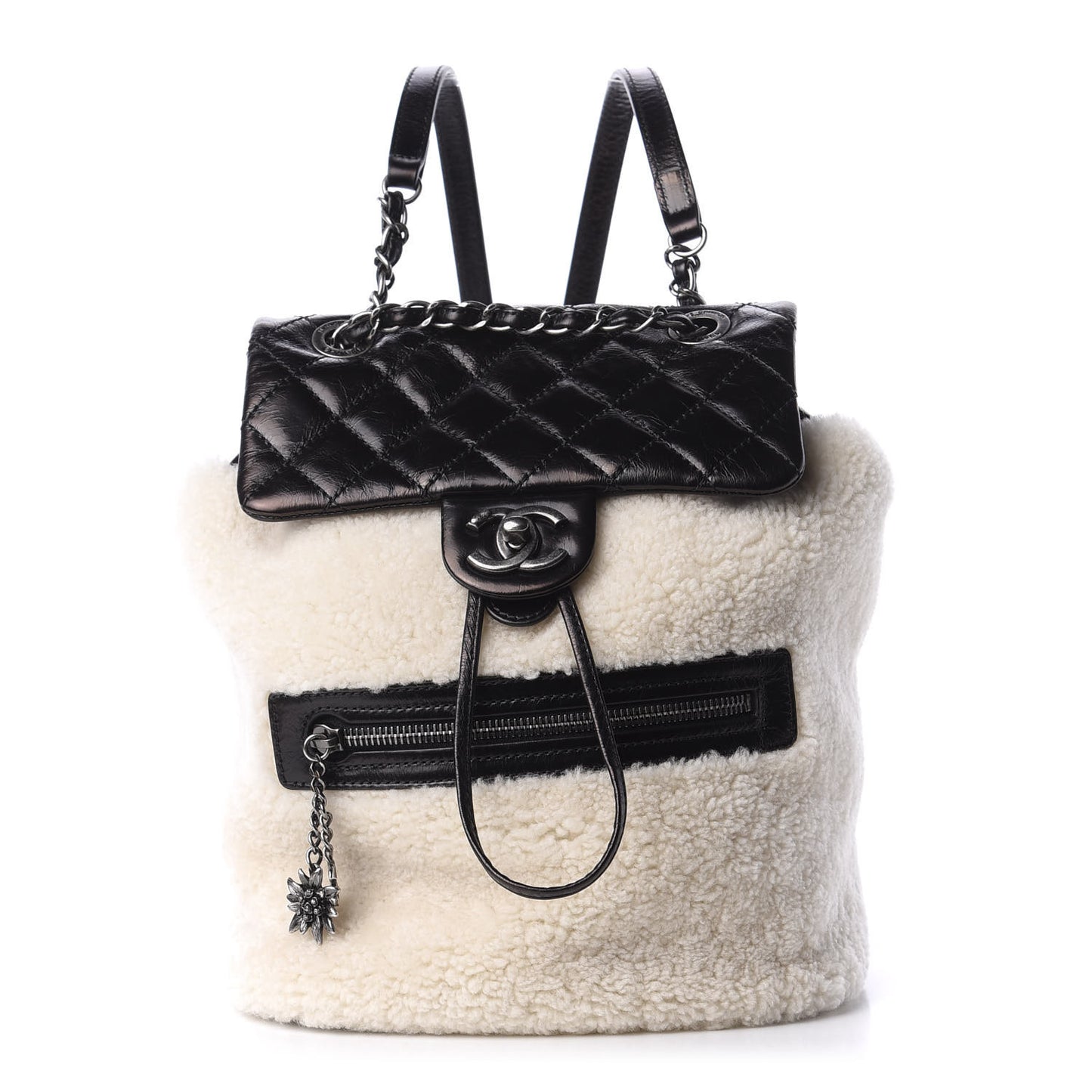 Glazed Calfskin Shearling Quilted Small Mountain Backpack Black Ivory