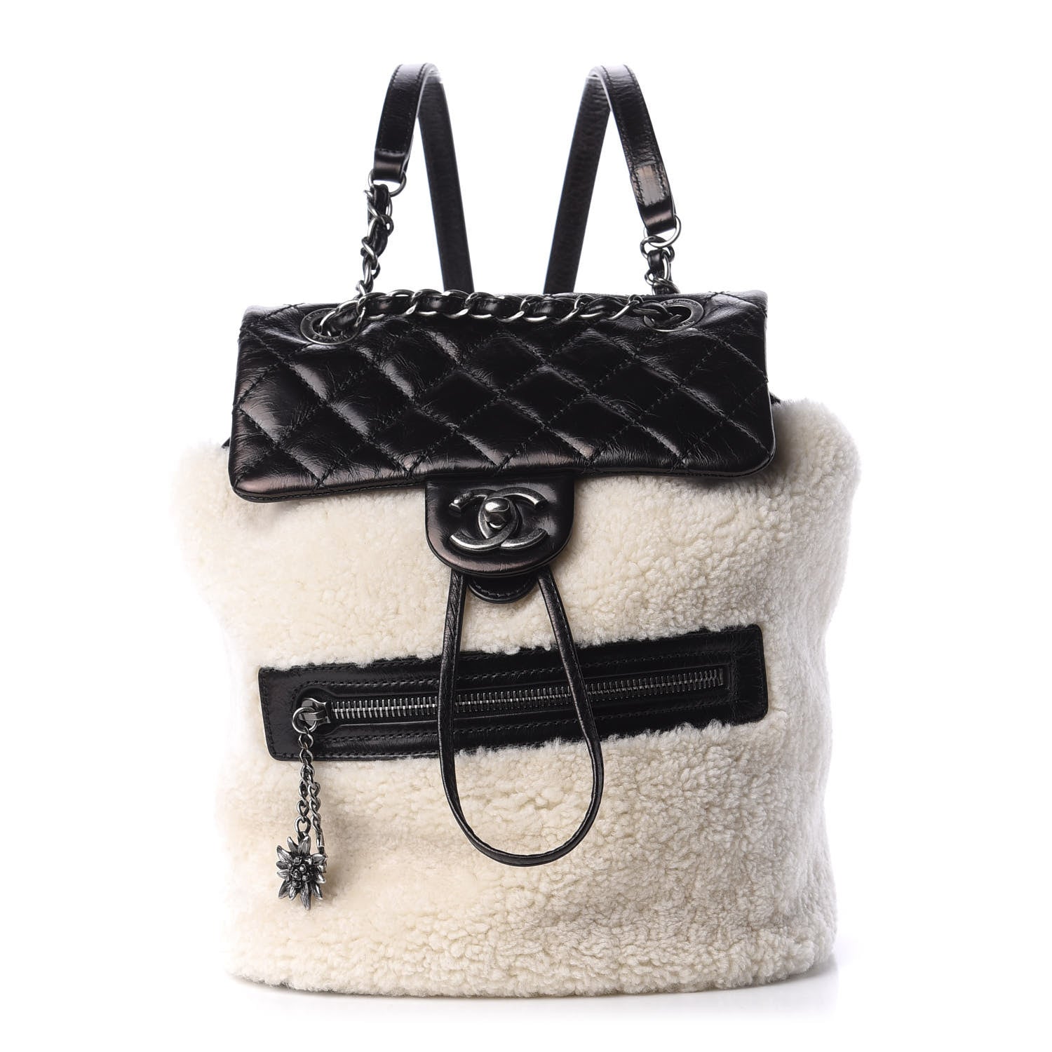 Chanel Glazed Calfskin Shearling Quilted Small Mountain Backpack Black Ivory 1 of 9