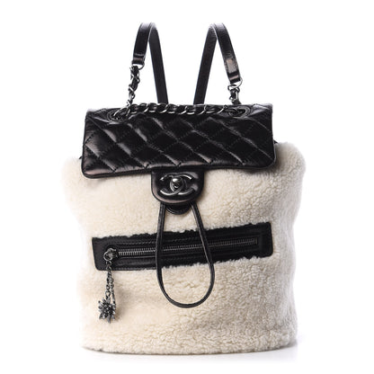 Chanel Glazed Calfskin Shearling Quilted Small Mountain Backpack Black Ivory 1 of 9