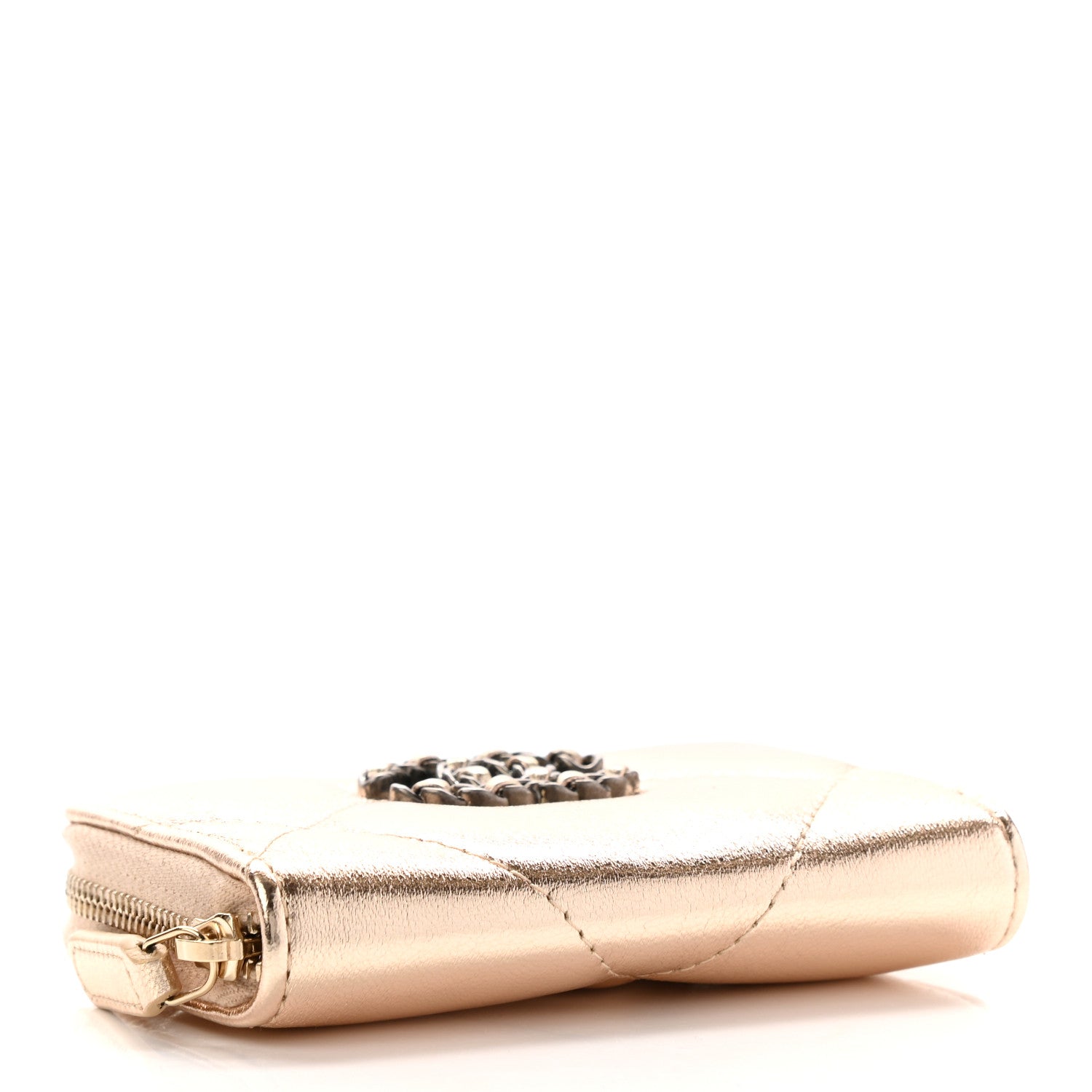Chanel Metallic Lambskin Quilted Chanel 19 Zip Around Coin Purse Wallet Gold 4 of 7