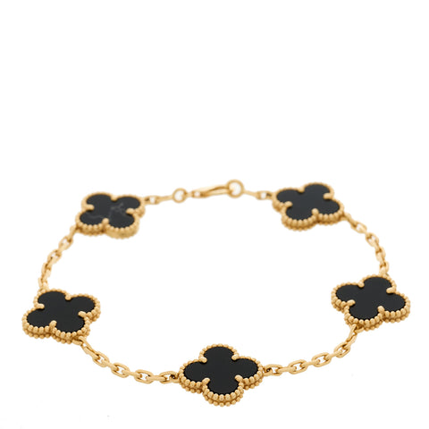 18K Yellow Gold Black Onyx 5 Motifs Vintage Alhambra Bracelet