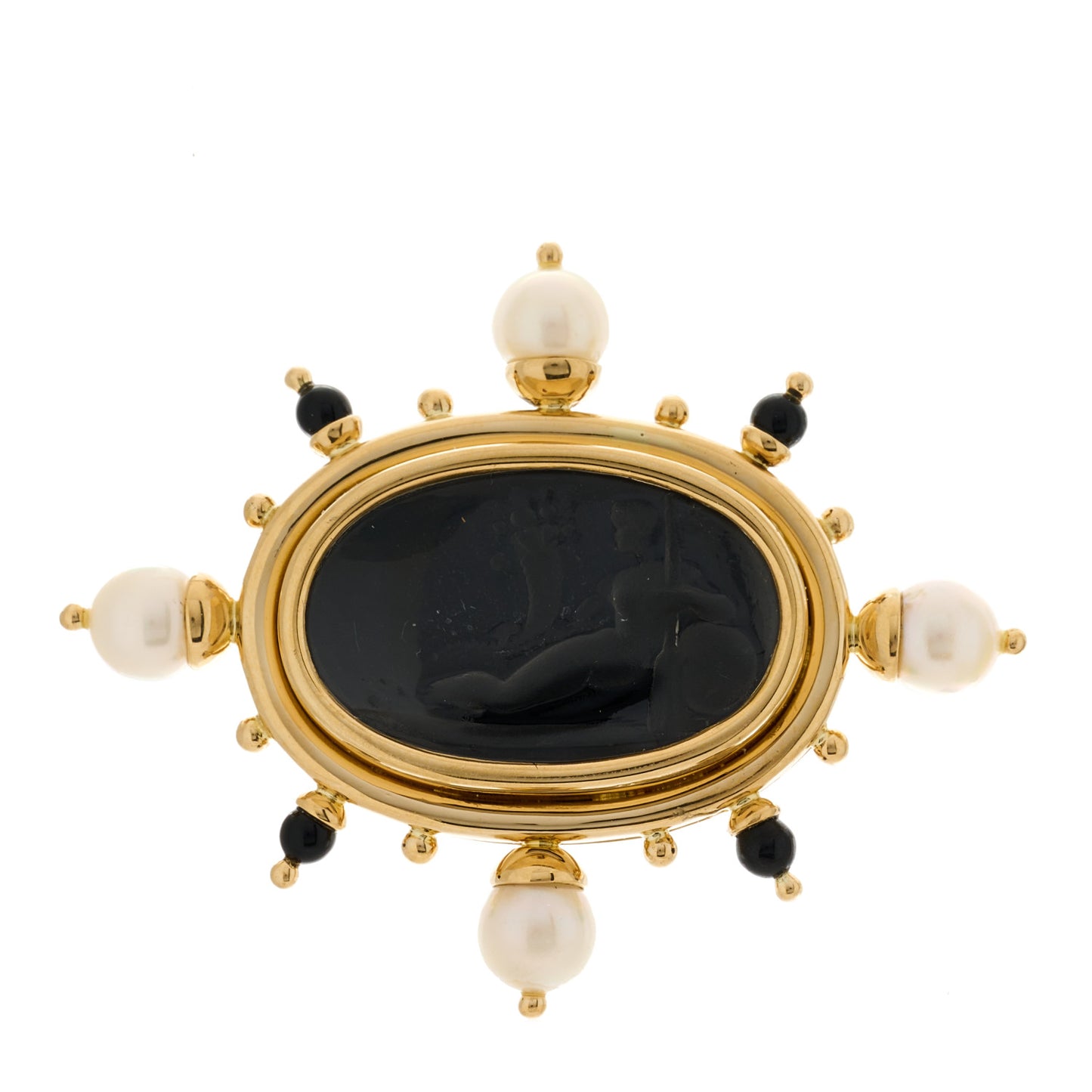 18K Yellow Gold Pearl Black Onyx Venetian Glass Intaglio Brooch Pin
