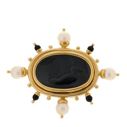 Elizabeth Locke 18K Yellow Gold Pearl Black Onyx Venetian Glass Intaglio Brooch Pin 1 of 4