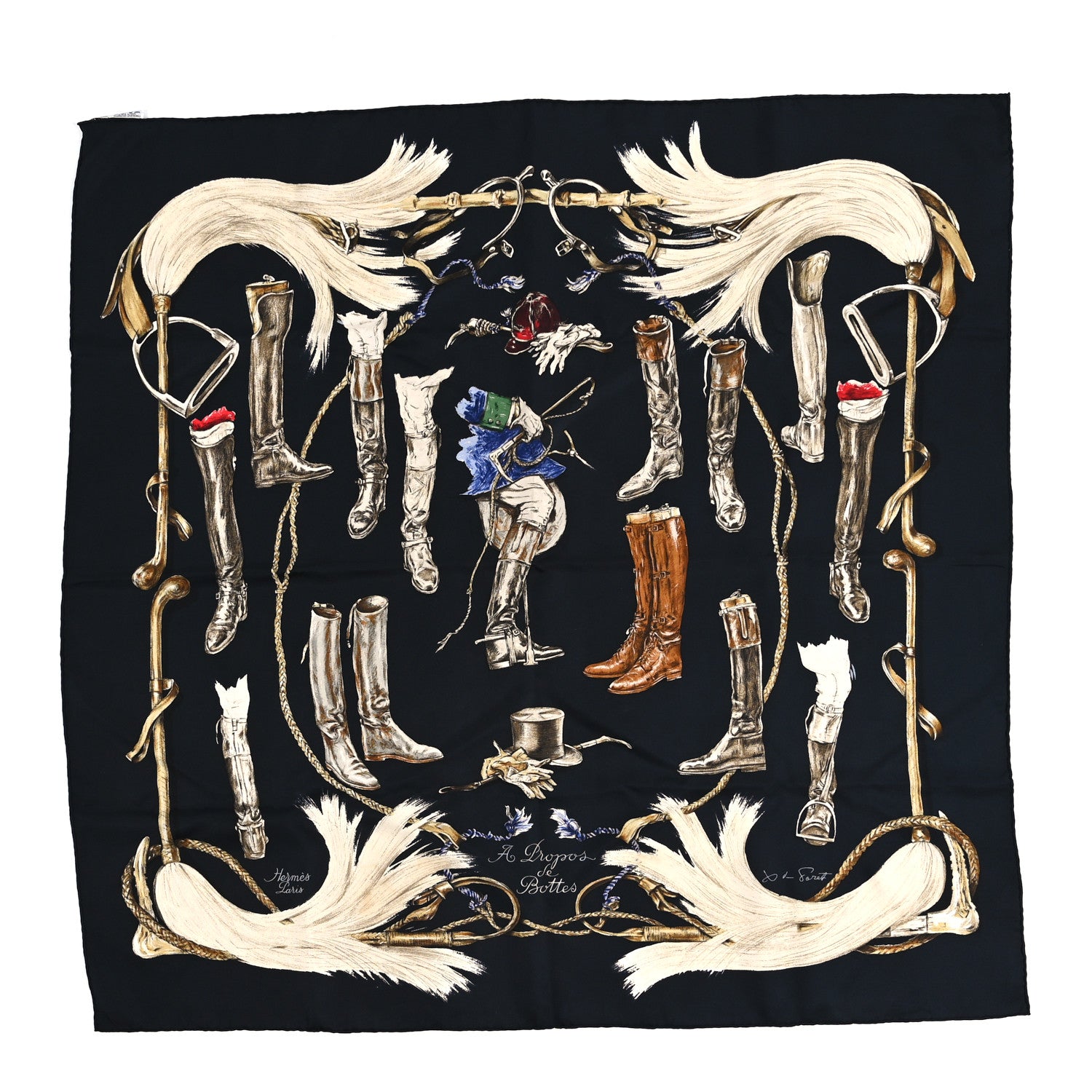 Hermes Silk A Propos de Bottes Scarf 90 Black White Black White 1 of 5