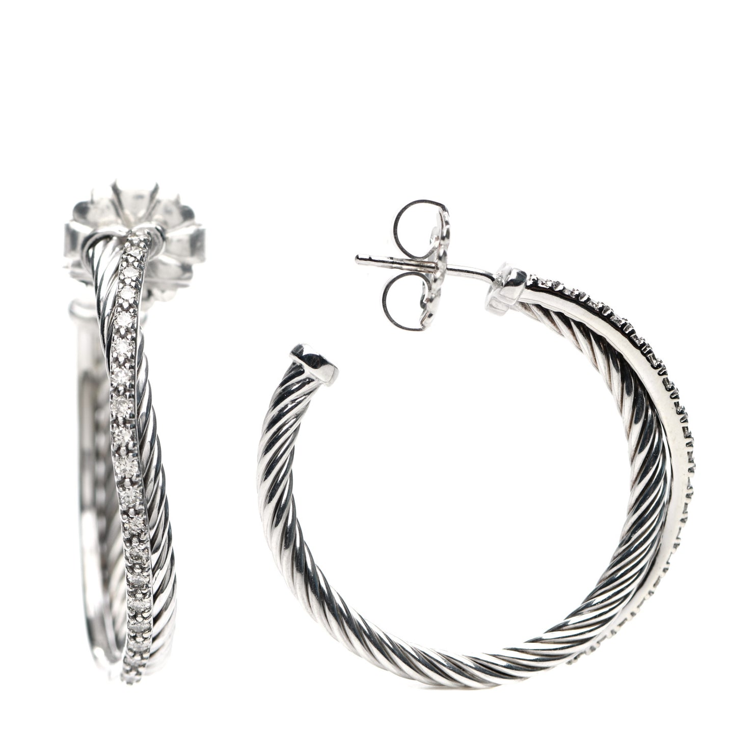 Sterling Silver Diamond Medium Crossover Hoop Earrings