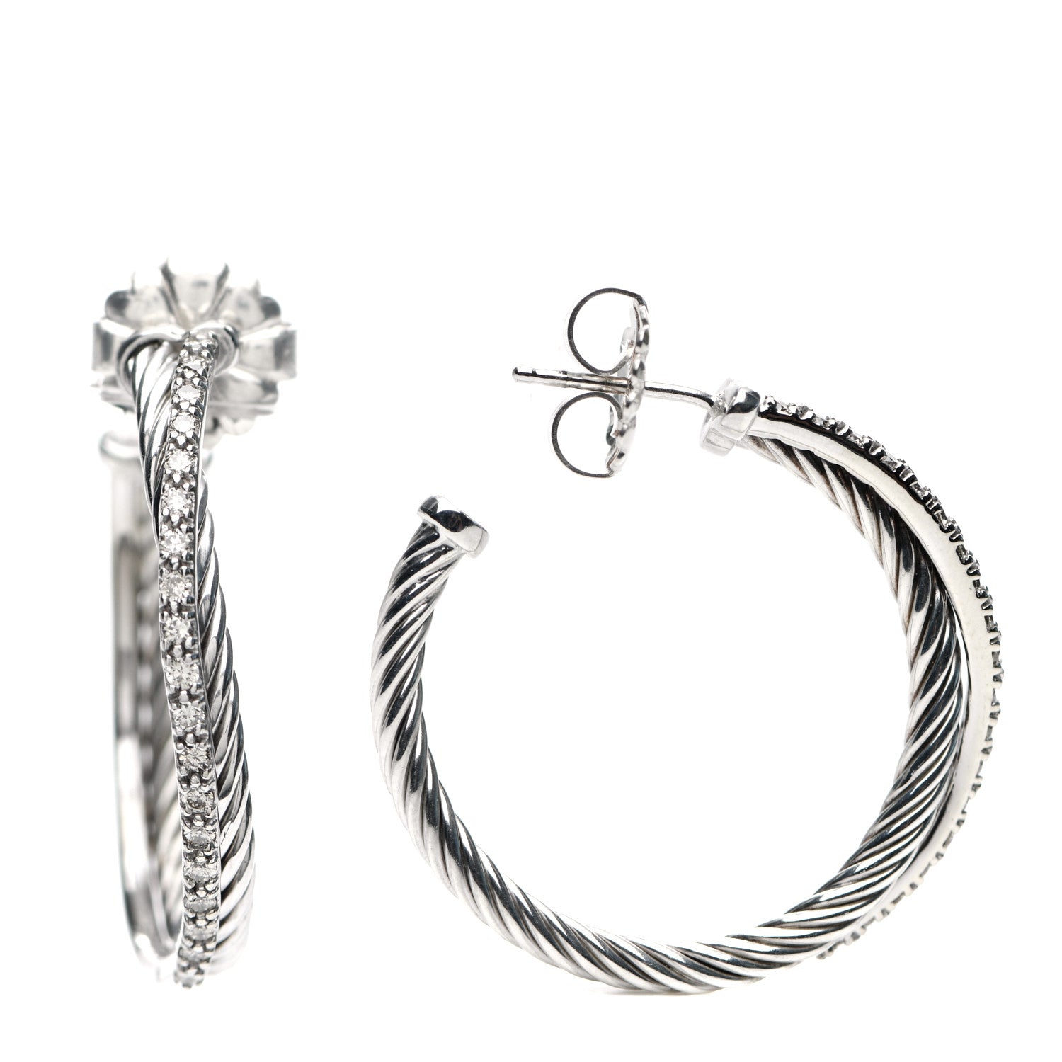 David Yurman Sterling Silver Diamond Medium Crossover Hoop Earrings 1 of 4