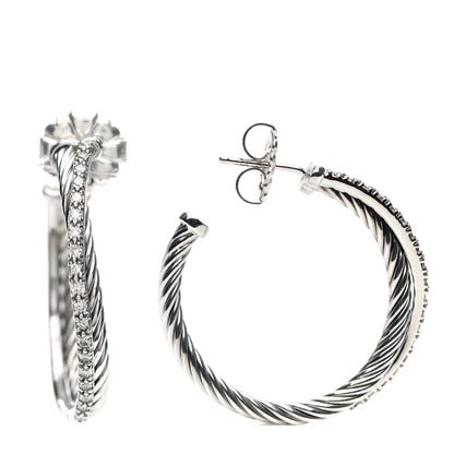 David Yurman Sterling Silver Diamond Medium Crossover Hoop Earrings 1 of 4