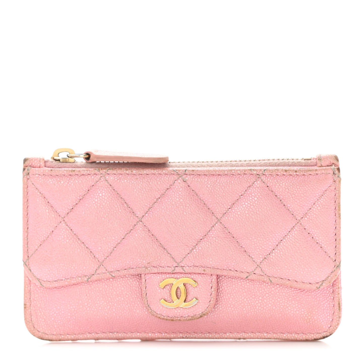 Iridescent Caviar Quilted Flap Zip Card Holder Pink