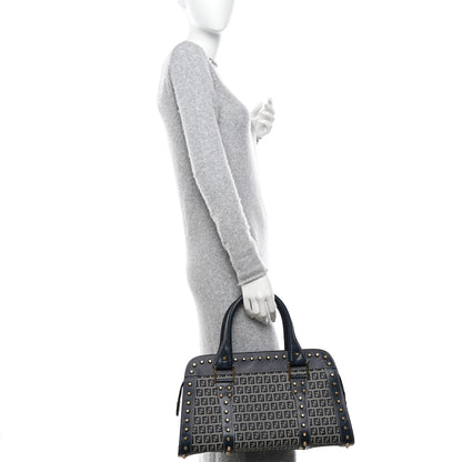 Fendi Zucchino Calfskin Studded Top Handle Satchel Tobacco Blue 2 of 15